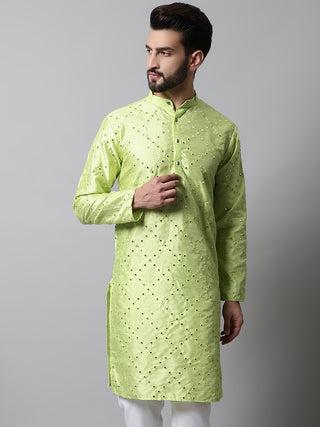 Men Lime Green Embroidered Mirror Work Dupion Silk Kurtas