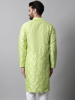 Men Lime Green Embroidered Mirror Work Dupion Silk Kurtas