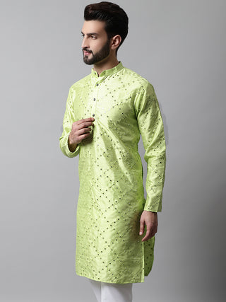 Men Lime Green Embroidered Mirror Work Dupion Silk Kurtas