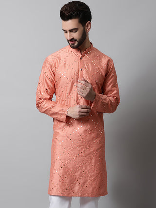 Men Peach Embroidered Mirror Work Dupion Silk Kurtas