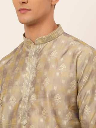 Jompers Men's Beige Collar Embroidered Woven Design Kurta Pajama
