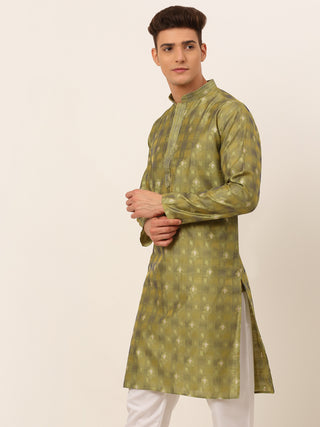 Jompers Men's Green Collar Embroidered Woven Design Kurta Pajama