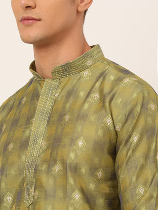 Jompers Men's Green Collar Embroidered Woven Design Kurta Pajama