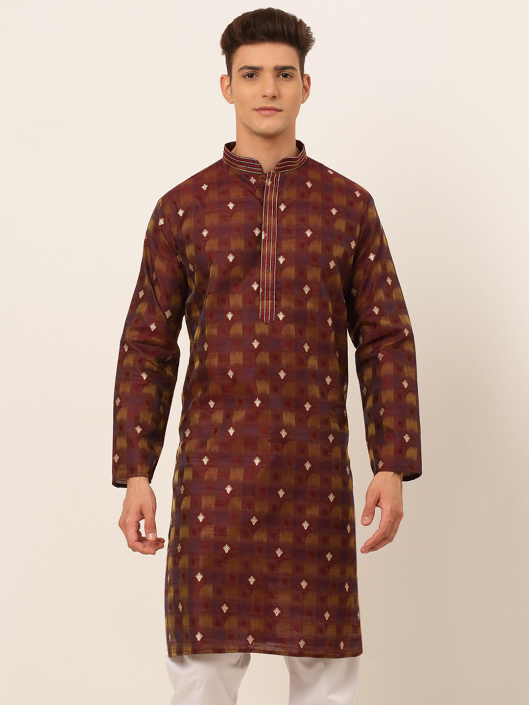 Jompers Men's Maroon Collar Embroidered Woven Design Kurta Pajama