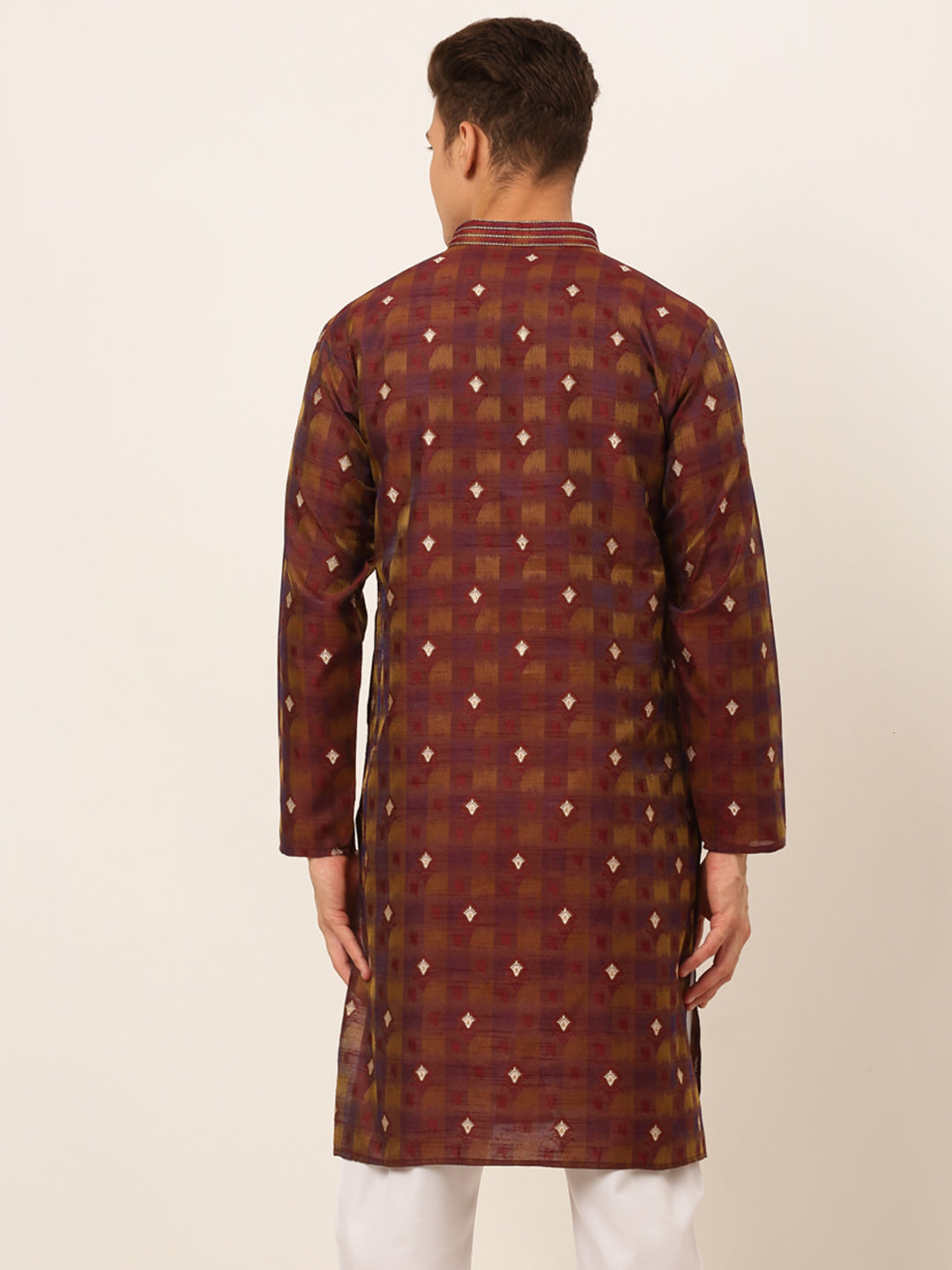 Jompers Men's Maroon Collar Embroidered Woven Design Kurta Pajama