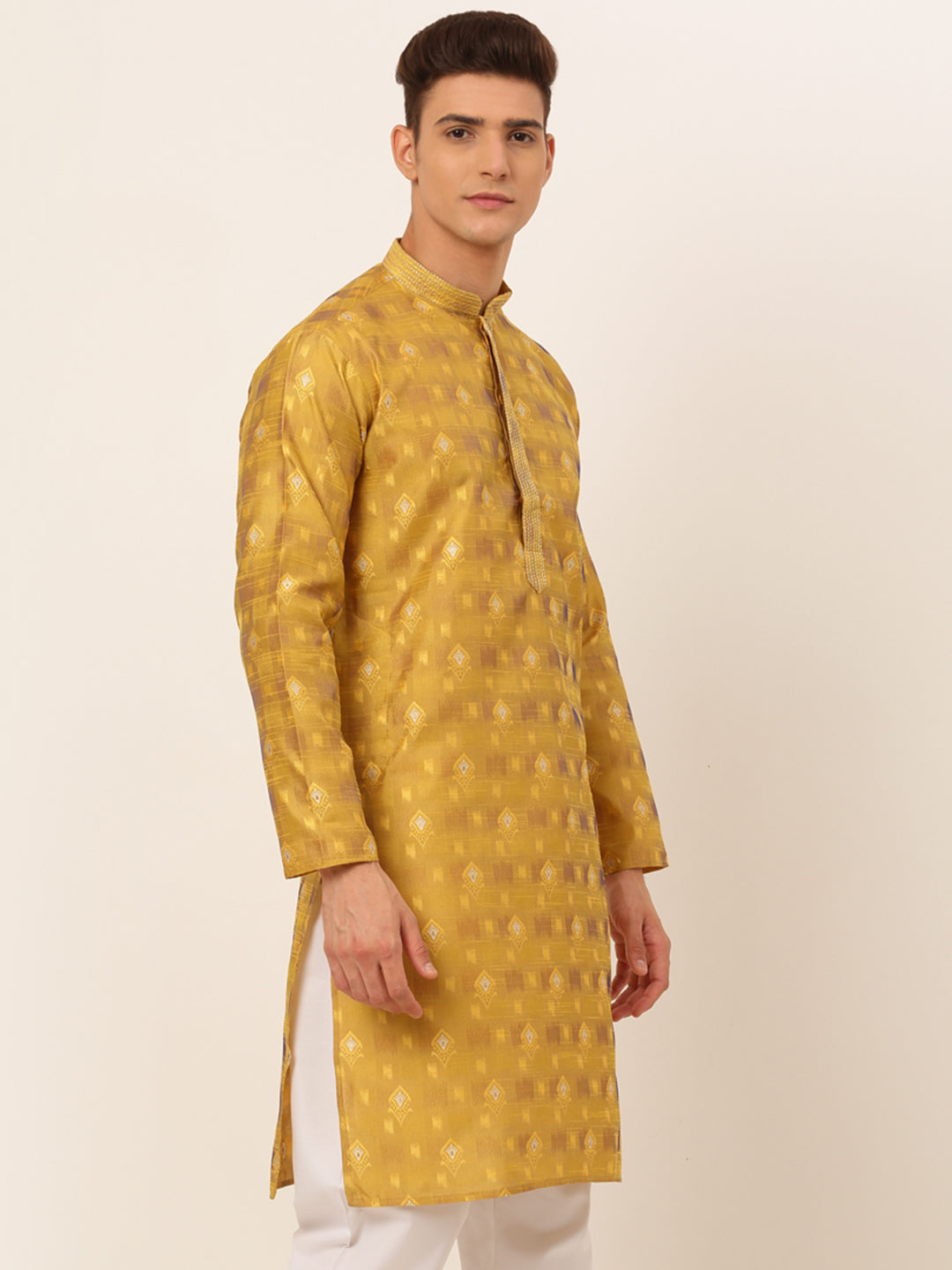 Jompers Men's Mustard Collar Embroidered Woven Design Kurta Pajama
