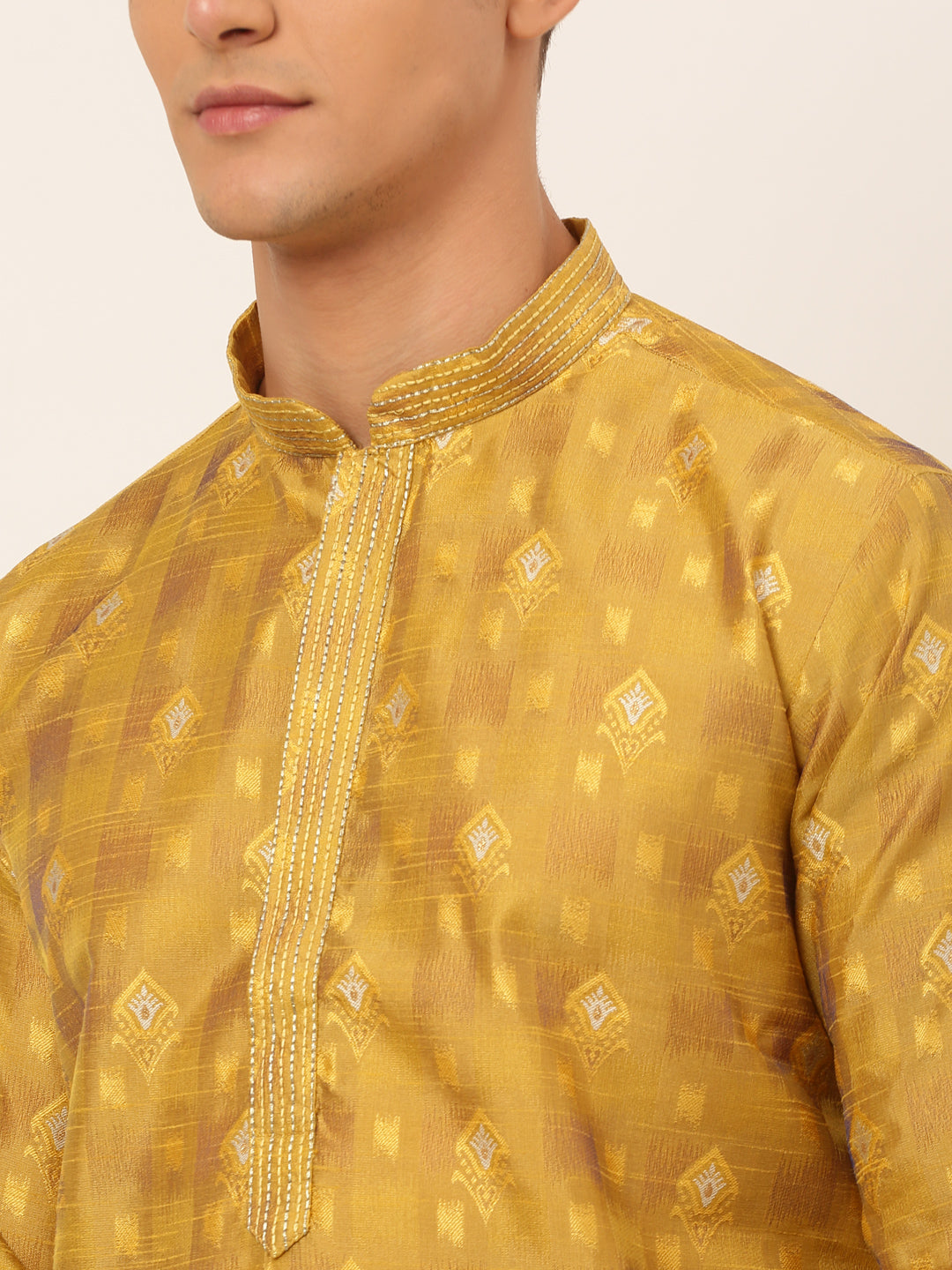 Jompers Men's Mustard Collar Embroidered Woven Design Kurta Pajama