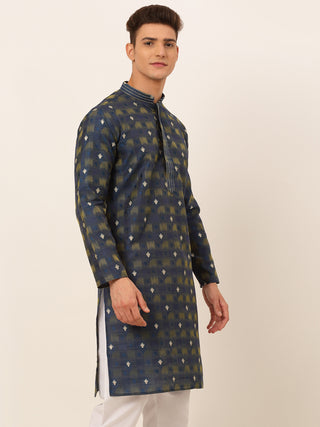 Jompers Men's Navy Blue Collar Embroidered Woven Design Kurta Pajama