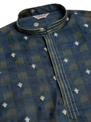 Jompers Men's Navy Blue Collar Embroidered Woven Design Kurta Pajama