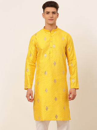 Jompers Men Mustard Yellow Embroidered Sequinned Kurta Only