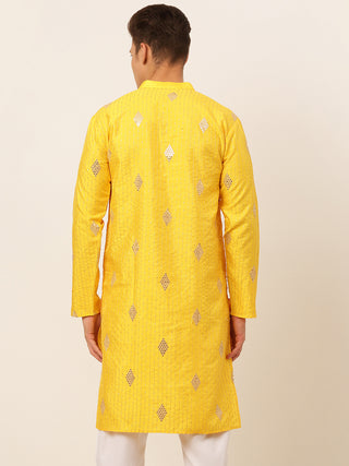 Jompers Men Mustard Yellow Embroidered Sequinned Kurta Only