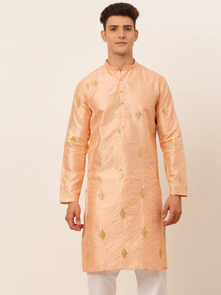Jompers Men Peach Embroidered Sequinned Kurta Only