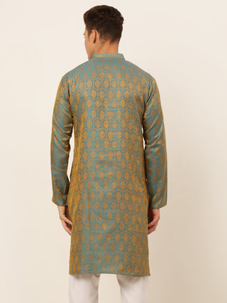 Jompers Men's Blue and Golden Woven Design Kurta Only