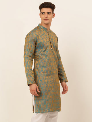 Jompers Men's Blue and Golden Woven Design Kurta Only