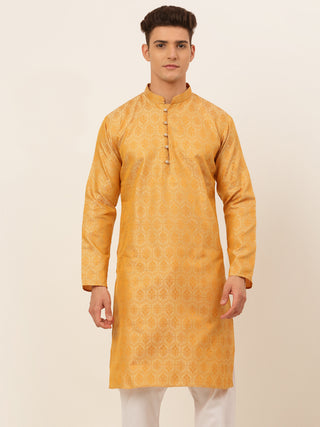 Jompers Men's Silver and Golden Woven Design Kurta Only