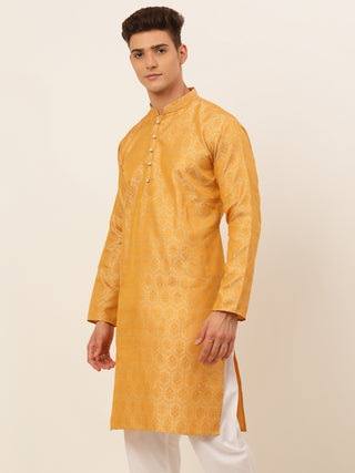 Jompers Men's Silver and Golden Woven Design Kurta Only