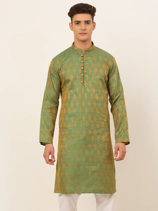 Jompers Men's Green and Golden Woven Design Kurta Only