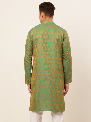 Jompers Men's Green and Golden Woven Design Kurta Only