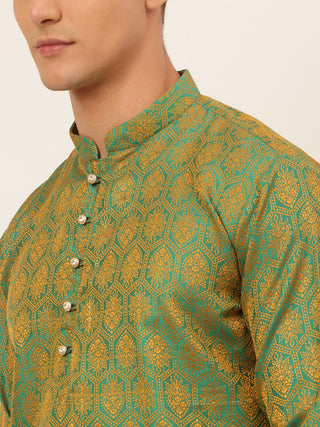 Jompers Men's Green and Golden Woven Design Kurta Only