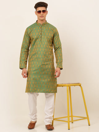 Jompers Men's Green and Golden Woven Design Kurta Only