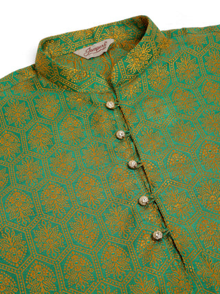 Jompers Men's Green and Golden Woven Design Kurta Only