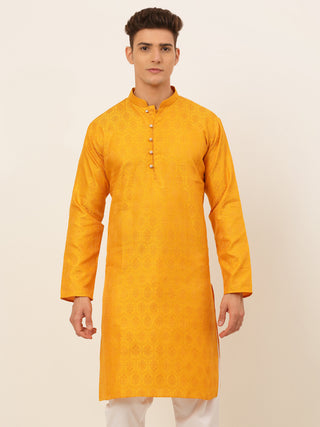 Jompers Men's Mustard and Golden Woven Design Kurta Only