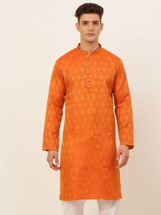 Jompers Men's Orange and Golden Woven Design Kurta Only