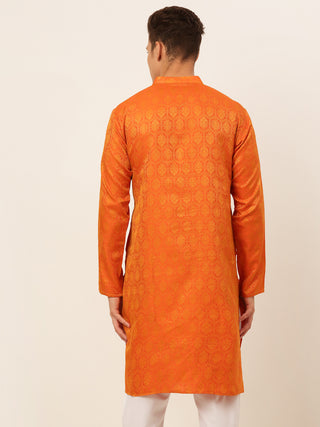 Jompers Men's Orange and Golden Woven Design Kurta Only