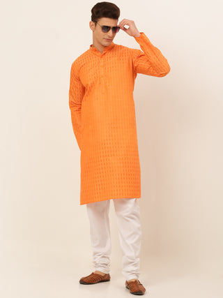 Jompers Men's Orange Woven Design Kurta Only