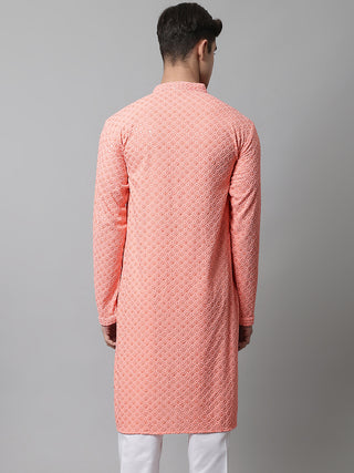 Men Peach Chikankari Embroidered and Sequence Kurtas