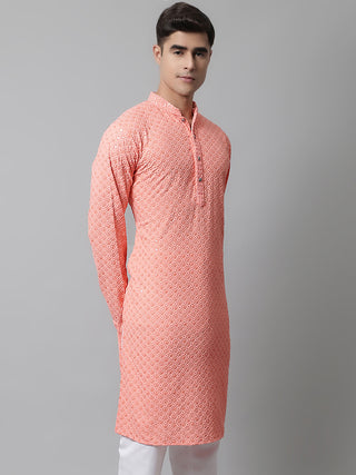 Men Peach Chikankari Embroidered and Sequence Kurtas