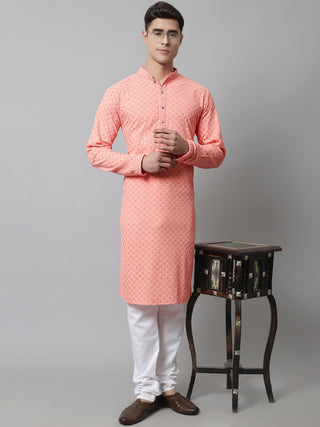 Men Peach Chikankari Embroidered and Sequence Kurtas