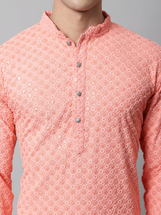 Men Peach Chikankari Embroidered and Sequence Kurtas