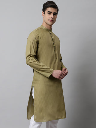 Jompers Men's Olive Green Cotton Striped Kurtas