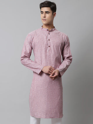 Men Coral Red Striped Kurtas