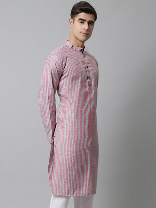 Men Coral Red Striped Kurtas