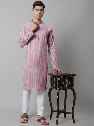 Men Coral Red Striped Kurtas