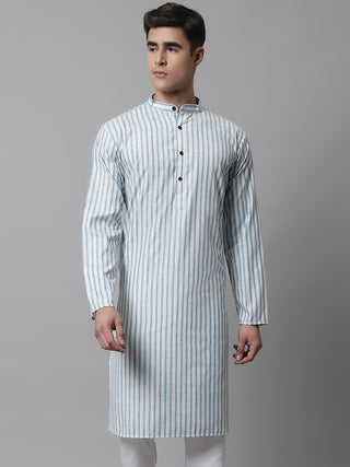 Men Sky Blue and White Striped Kurtas