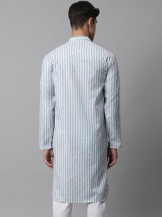 Men Sky Blue and White Striped Kurtas