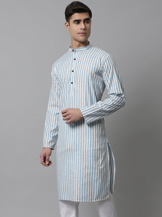 Men Sky Blue and White Striped Kurtas