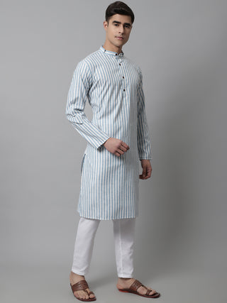 Men Sky Blue and White Striped Kurtas