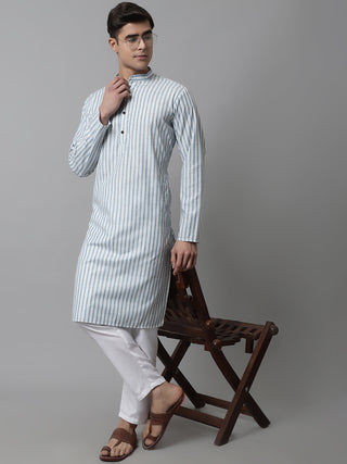 Men Sky Blue and White Striped Kurtas