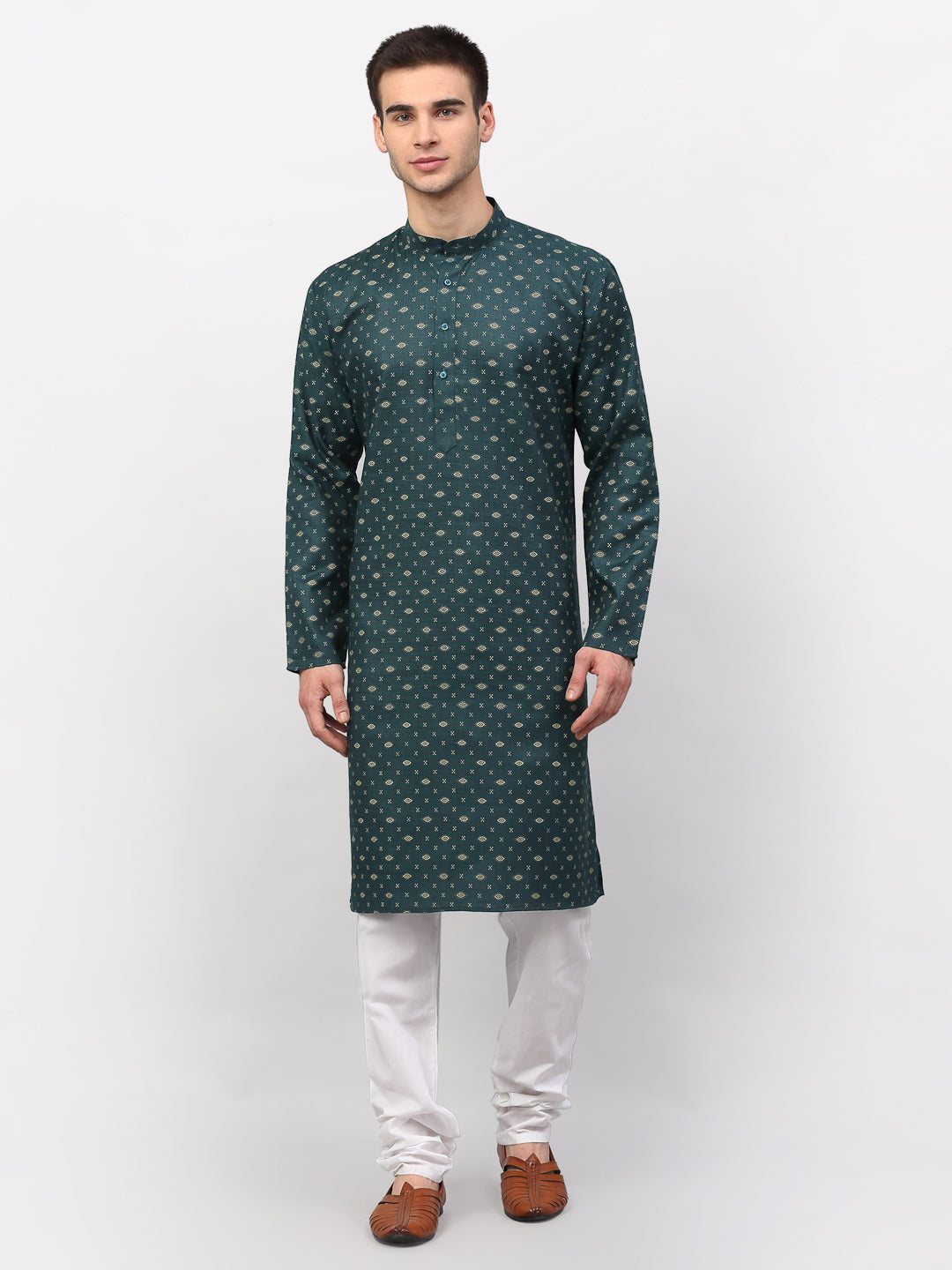 Jompers Men's Olive Printed Cotton Kurta Only