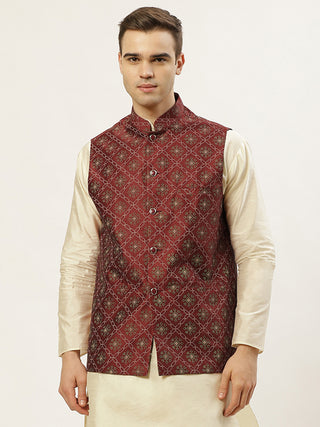 Jompers Men's Maroon Printed Nehru Jacket