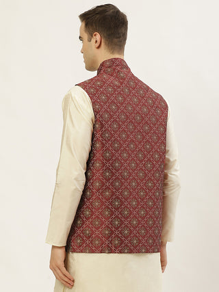 Jompers Men's Maroon Printed Nehru Jacket