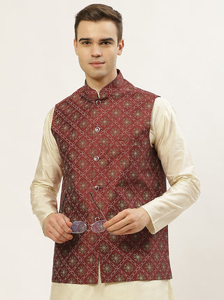 Jompers Men's Maroon Printed Nehru Jacket