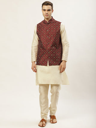 Jompers Men's Maroon Printed Nehru Jacket