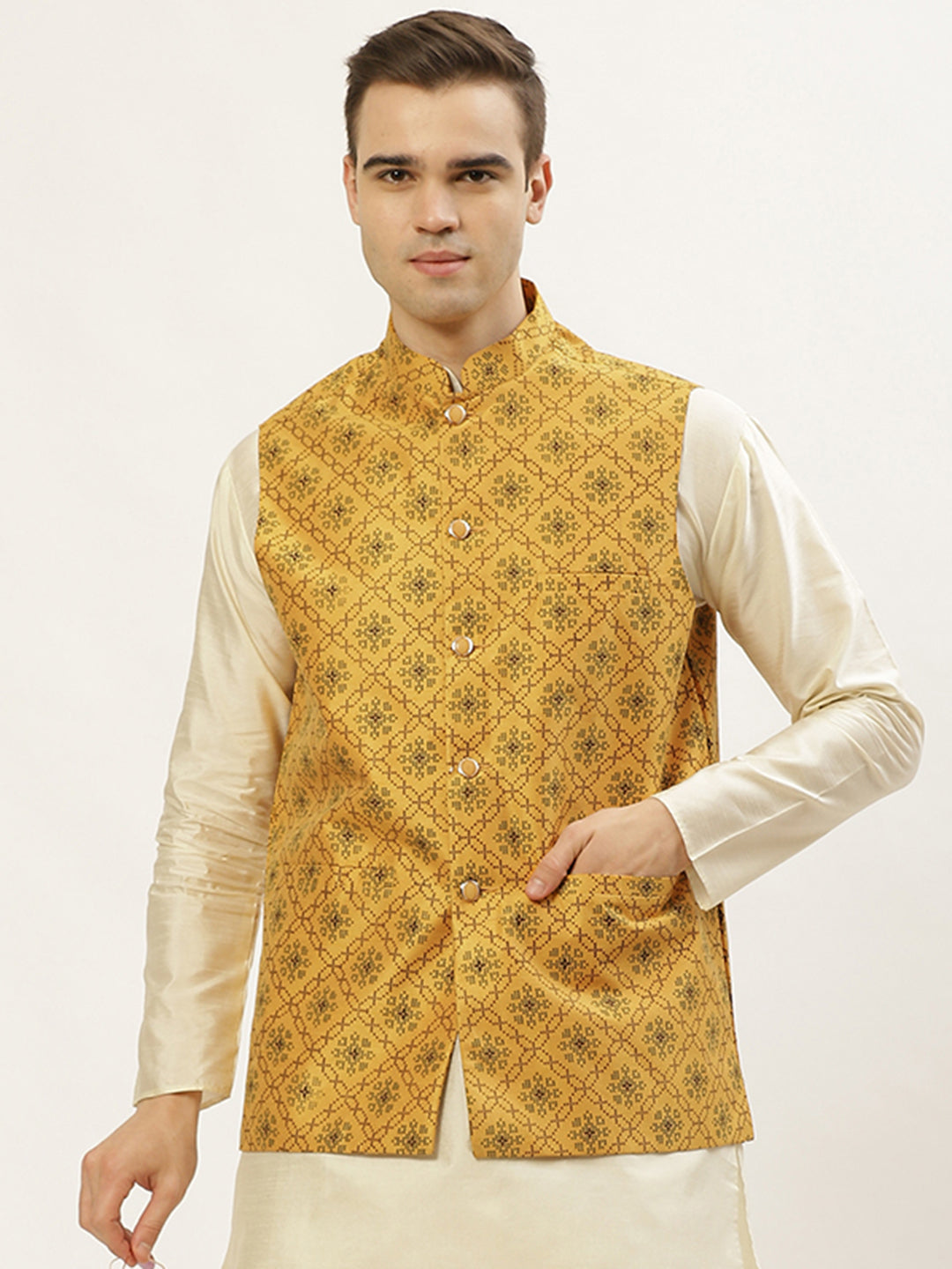 Jompers Men's Mustard Printed Nehru Jacket