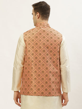 Jompers Men's Orange Printed Nehru Jacket