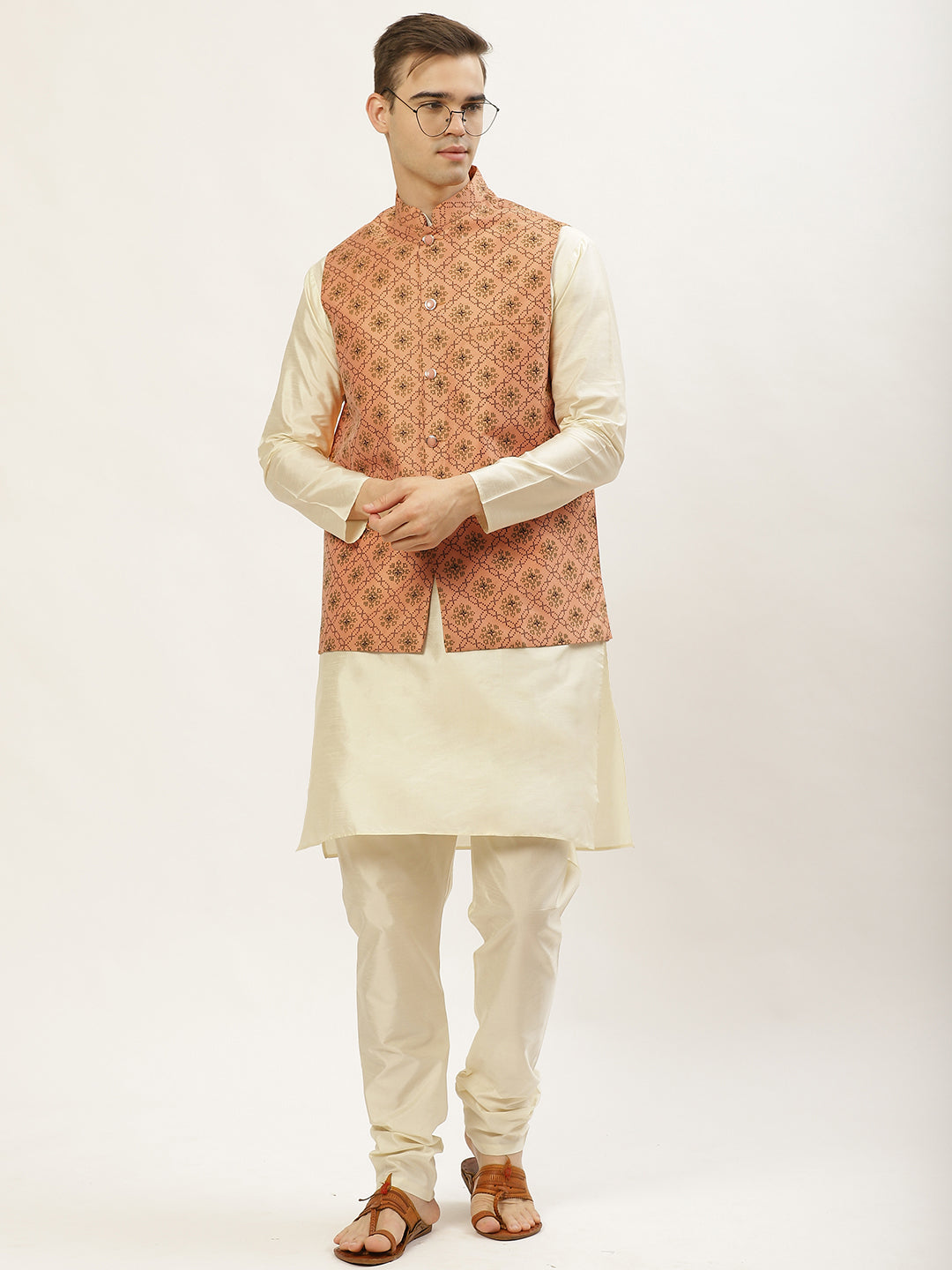 Jompers Men's Orange Printed Nehru Jacket